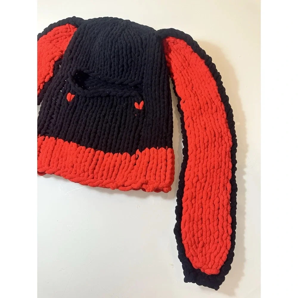Knitted Fluffy Winter Warm Hat with Long Rabbit Ears Beanie Cute Handmade